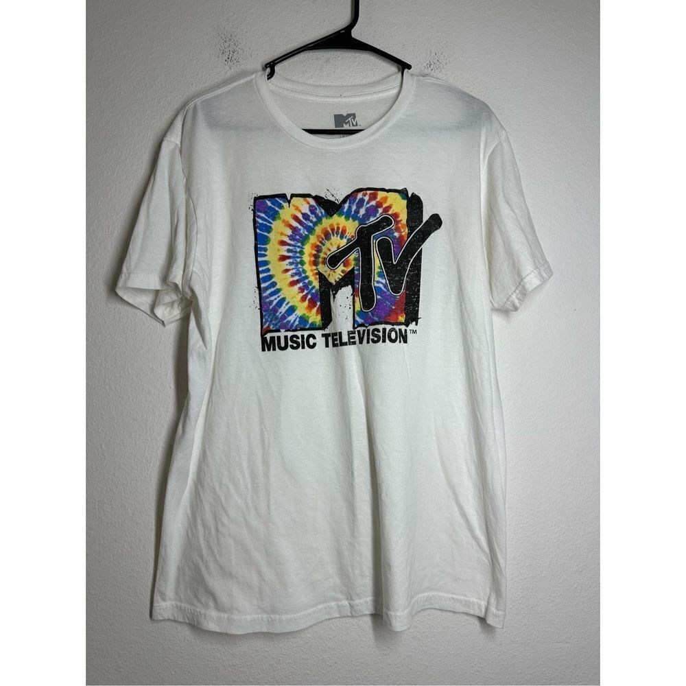 MTV Graphic T-Shirt L White Short Sleeve Tie Dye Juniors